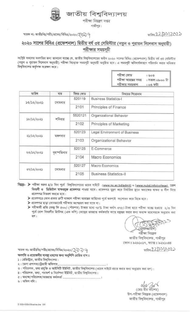 National University BBA Professional 1st year and 2 nd year exam routine 2023 2