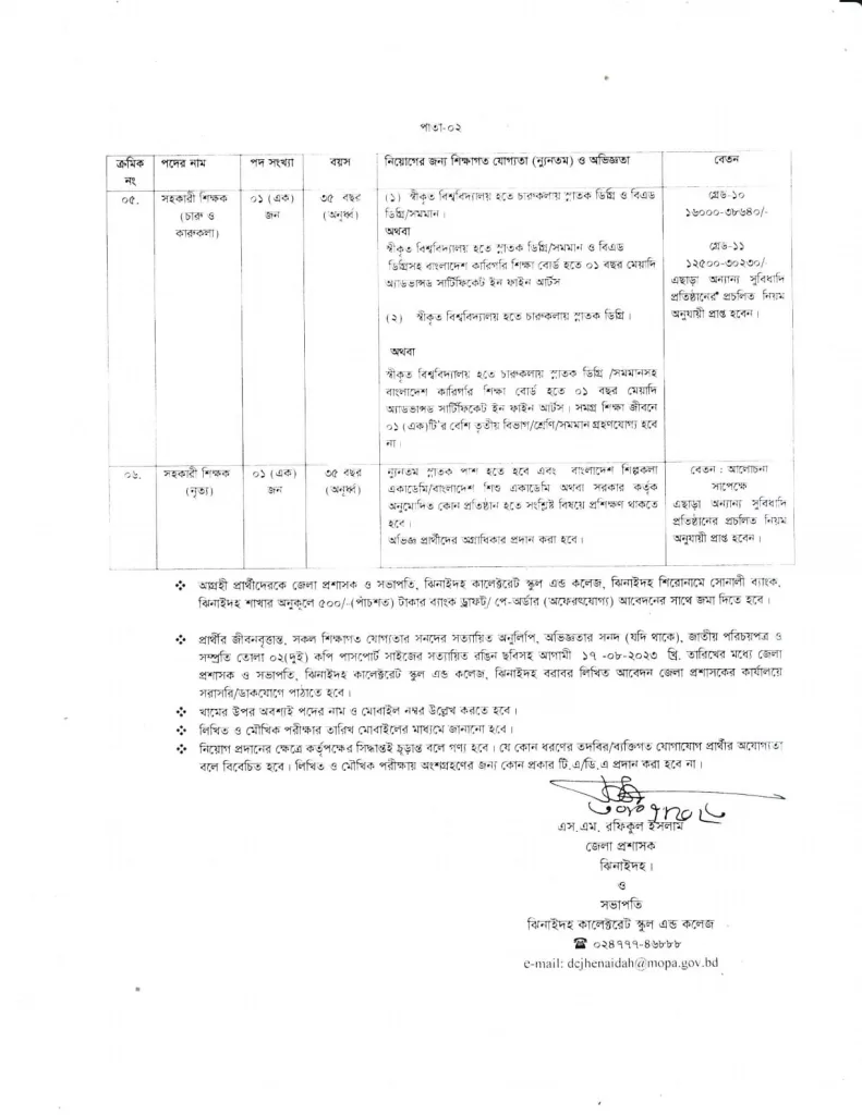 Jhenaidah Collectorate School and College Job Circular 2023 2